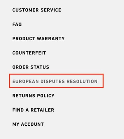 Taylor Made Golf website sidebar with European Disputes Resolution link highlighted