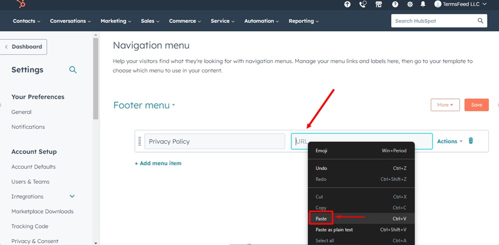TermsFeed HubSpot - Advanced Menus - Footer menu - Add menu item - Privacy Policy - Actions - URL Link - Paste
