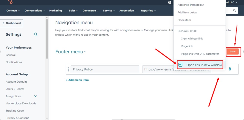 TermsFeed HubSpot - Advanced Menus - Footer menu - Add menu item - Privacy Policy - Actions - URL Link - Pasted - Open new window - Save
