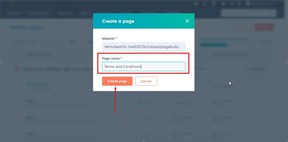 TermsFeed HubSpot - Create Website page - Name page Terms and Conditions and click Create page button highlighted