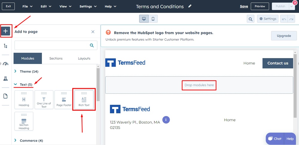 TermsFeed HubSpot - The Terms and Conditions page editor - Add Module Rich Text and drag and drop it on the page highlighted