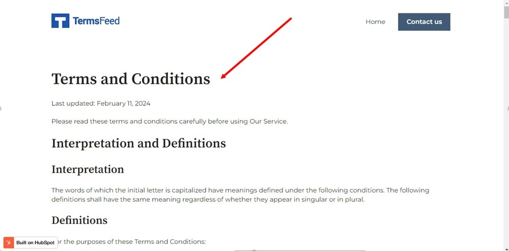 TermsFeed HubSpot - The Terms and Conditions page -  Preview - Live site display