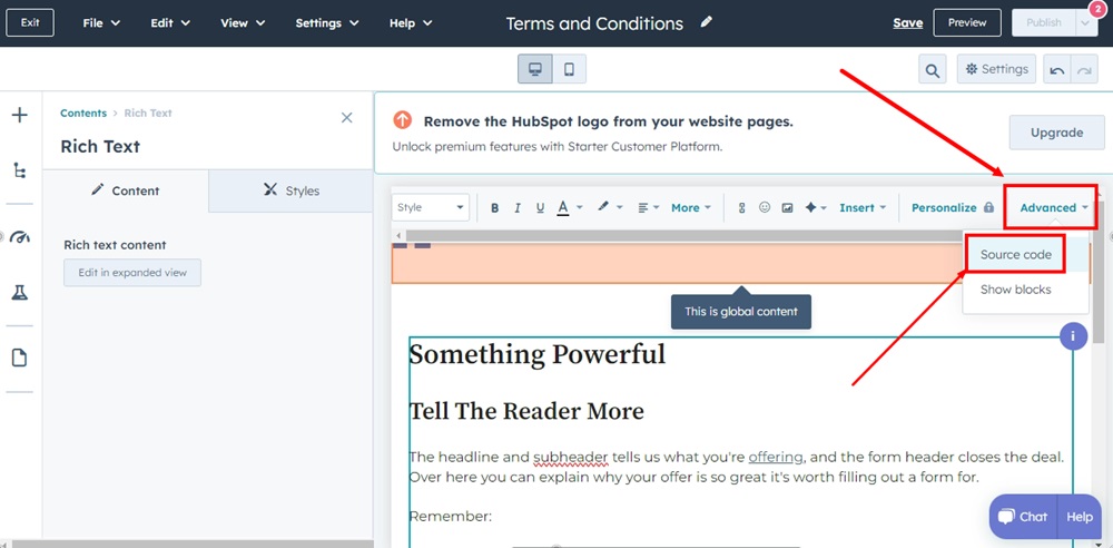 TermsFeed HubSpot - The Terms and Conditions page editor - Rich Text - Advanced - Source code option highlighted