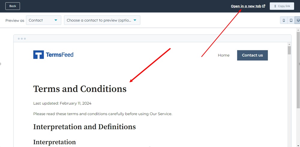 TermsFeed HubSpot - The Terms and Conditions page - Rich Text - Preview - Open in a new tab