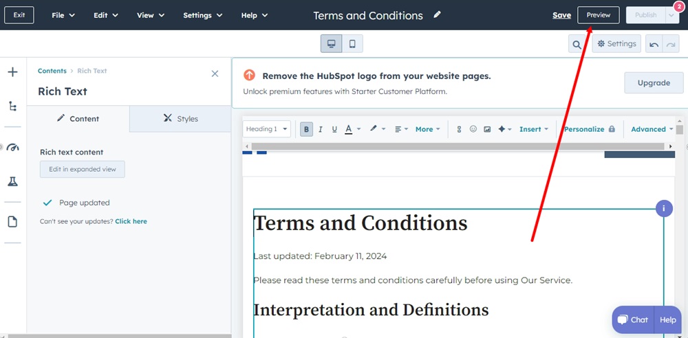 TermsFeed HubSpot - The Terms and Conditions page editor - Rich Text - Preview