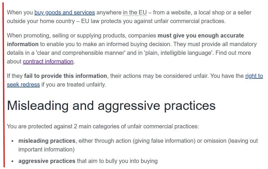 Your Europe Unfair commercial practices page excerpt