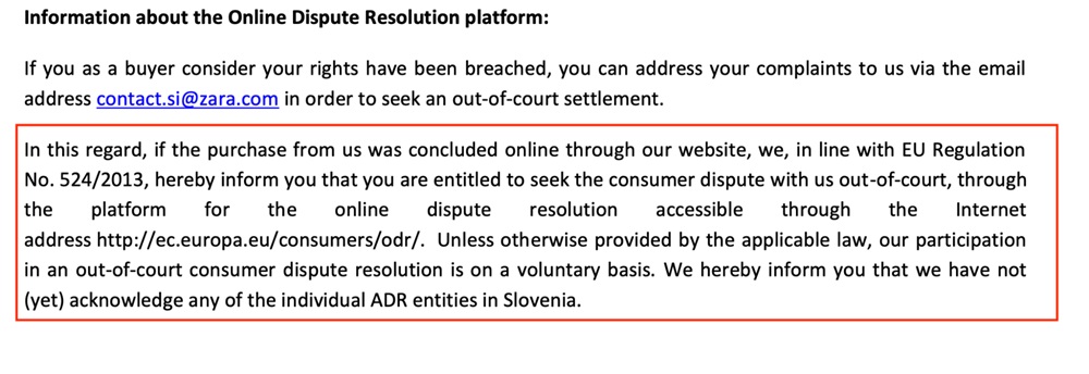 Zara Slovenia ODR information