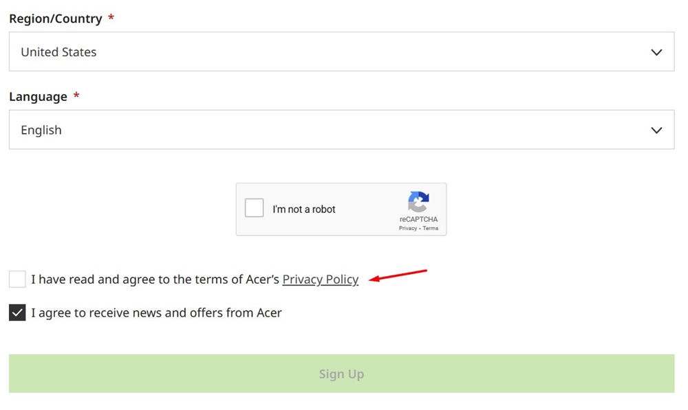Acer sign up form with Privacy Policy link highlighted