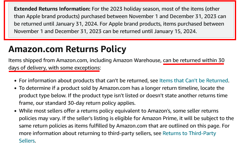 Amazon Return Policy excerpt