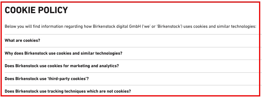Birkenstock Cookie Policy Table of Contents