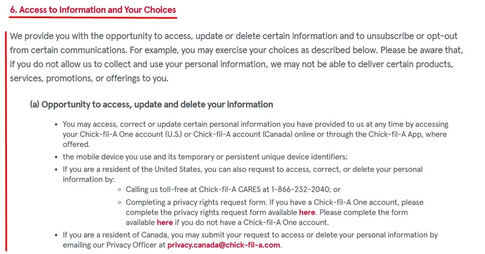 Chick fil A Privacy Policy: Access to information and your choices clause