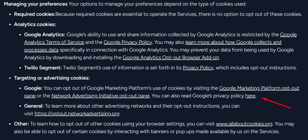 Converlens Privacy Policy: Managing cookies preferences clause