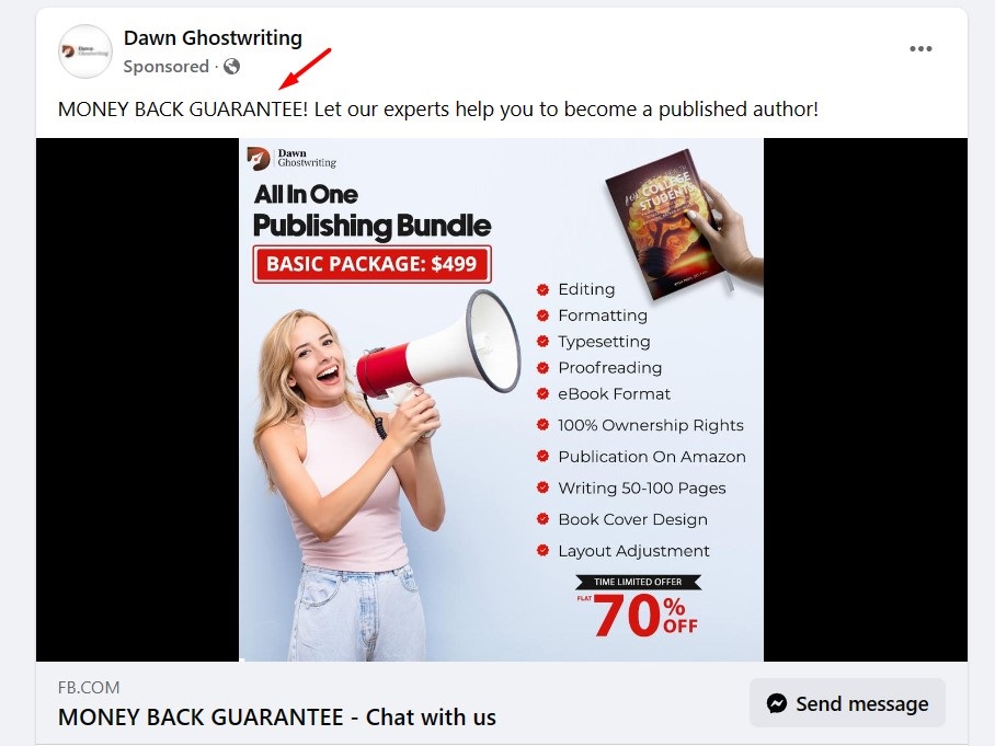 Dawn Ghostwriting Facebook ad with Money Back Guarantee highlighted
