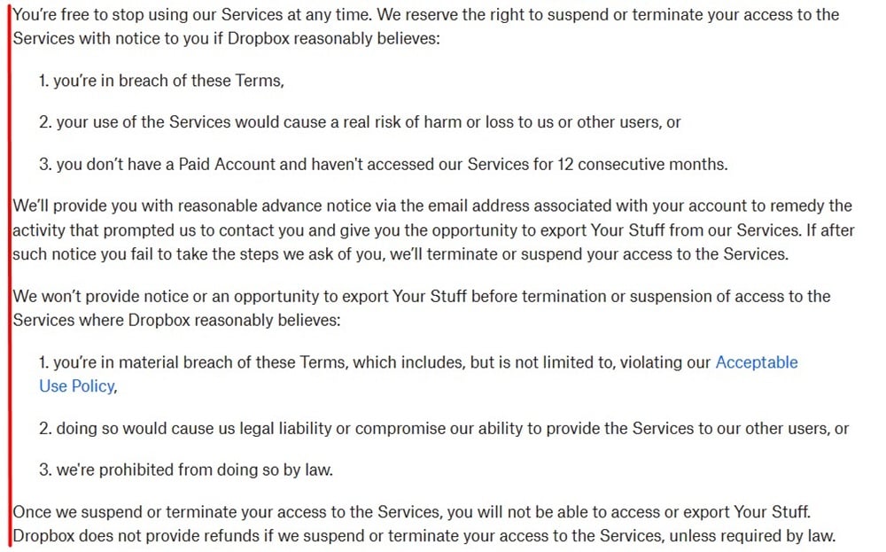 Dropbox Terms of Service: Termination section