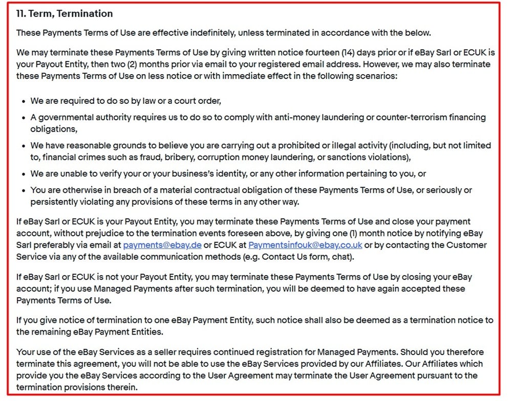 eBay Payment Terms of Use: Termination clause