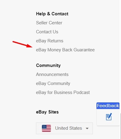 eBay website footer with Money Back Guarantee link highlighted