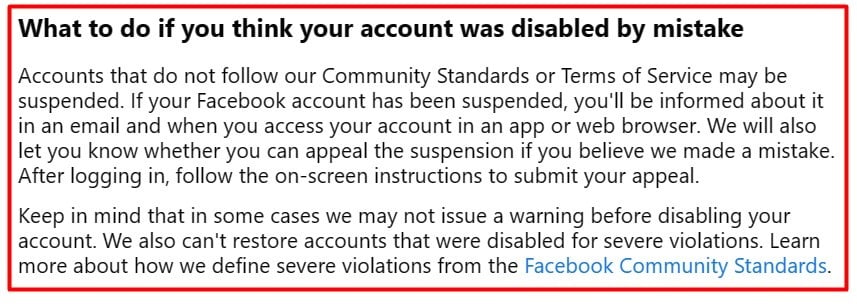 Facebook Account disabled by mistake page
