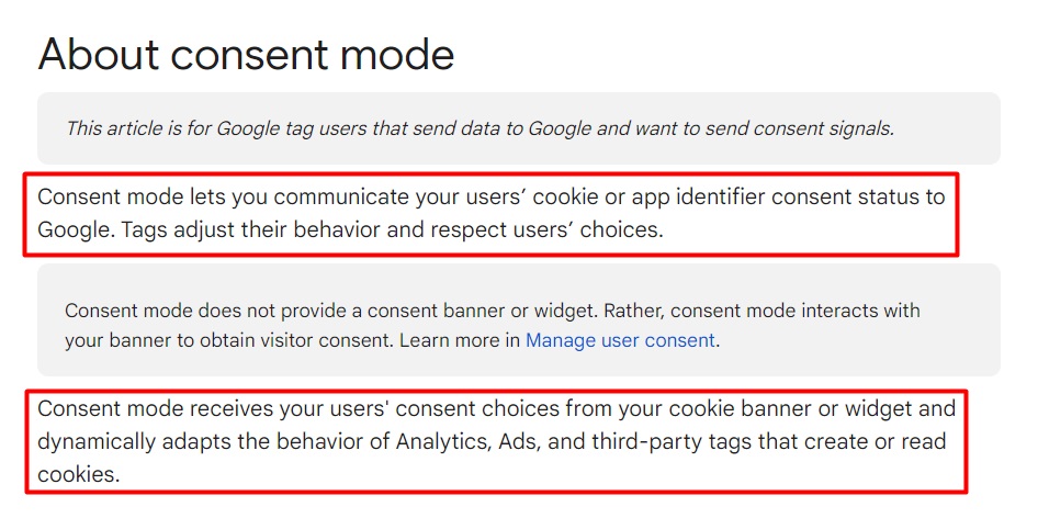 Google About consent mode page