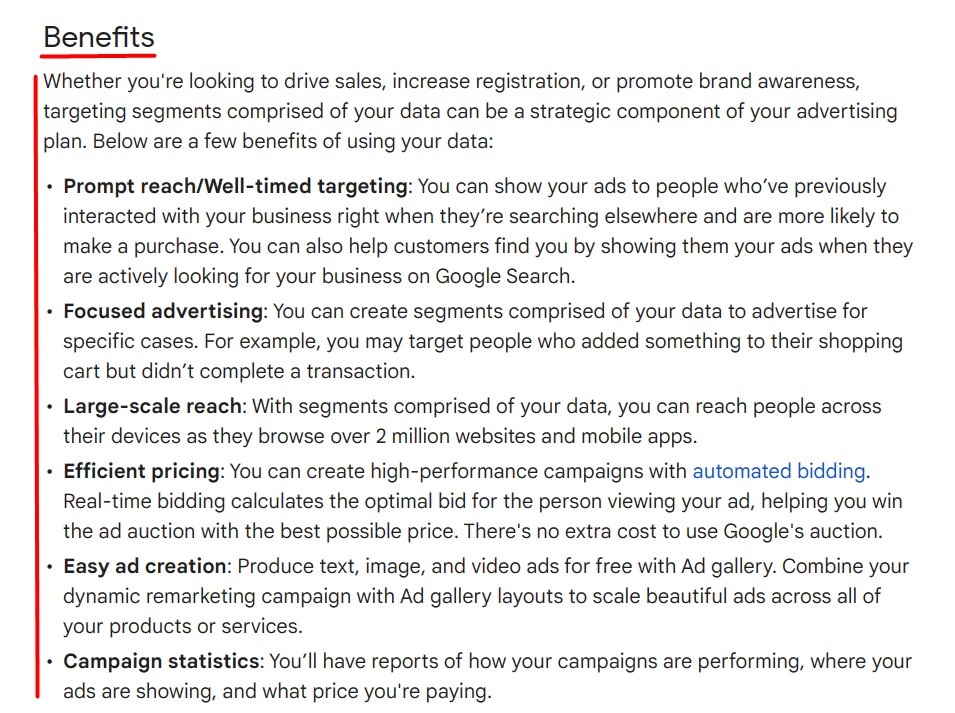 Google Ads Help: Benefits section