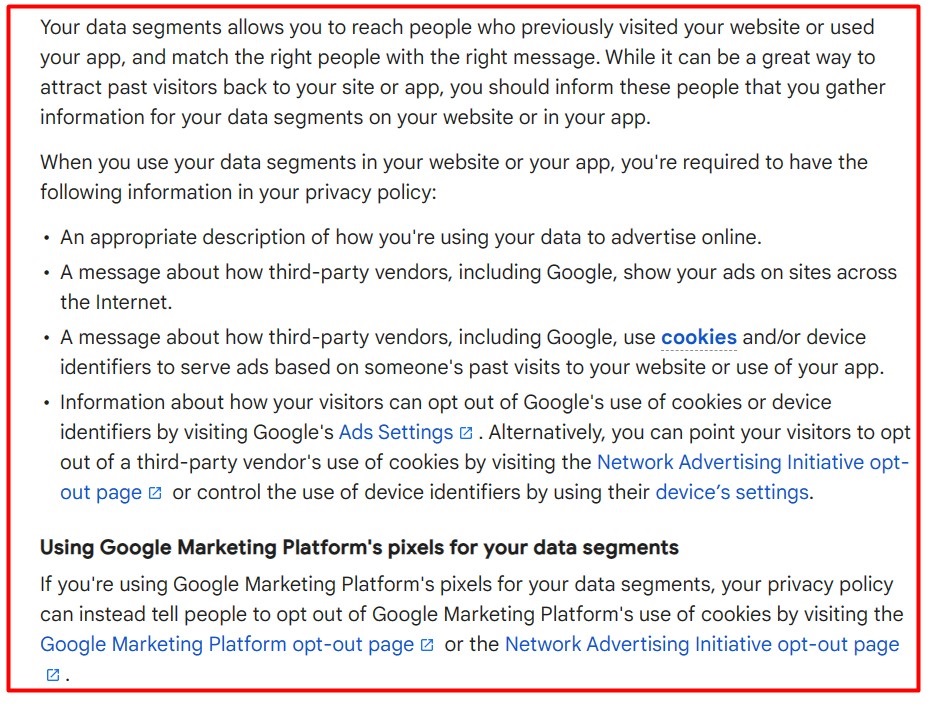 Google Ads What to Include in Privacy Policy list