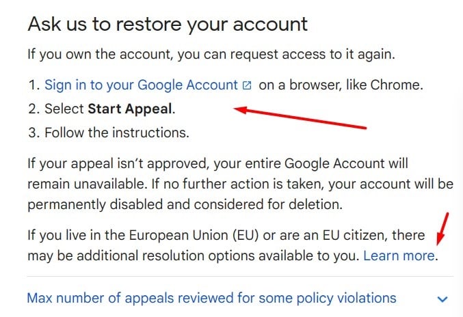Google Restore Account page