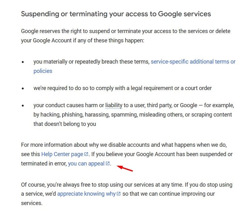 Google Terms of Service: Suspending or Terminating Access clause