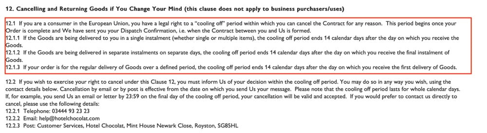 Hotel Chocolat Terms and Conditions: Canceling and returning goods clause