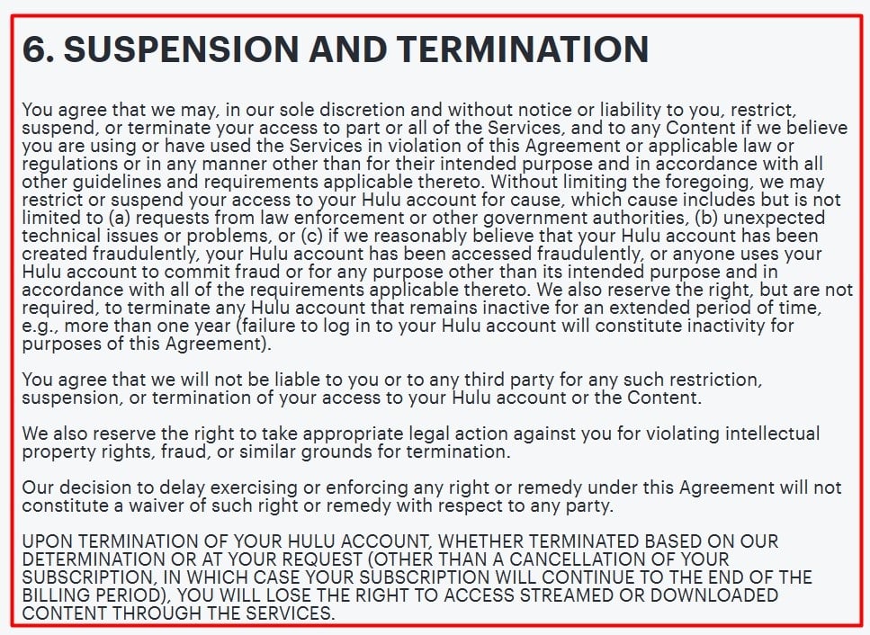 Hulu Subscriber Agreement: Suspension and Termination clause