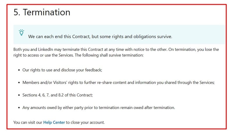 LinkedIn User Agreement: Termination clause