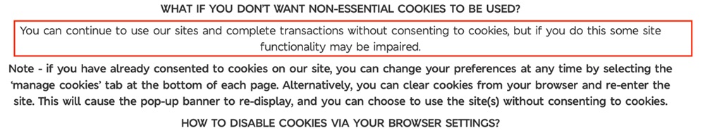 Marks and Spencer Cookies Policy: Non essential cookies excerpt