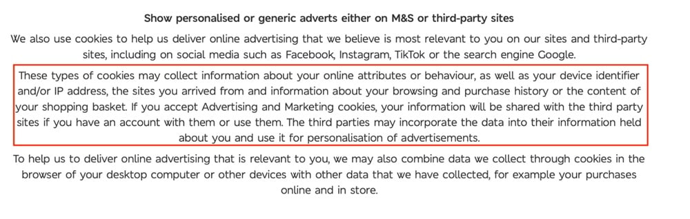 Marks and Spencer Cookies Policy: Third Party excerpt