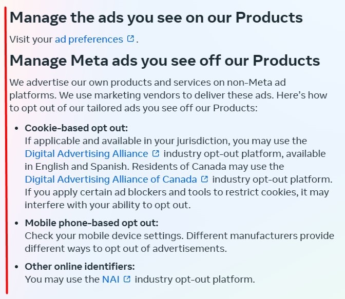 Meta Privacy Policy: Manage ads clause