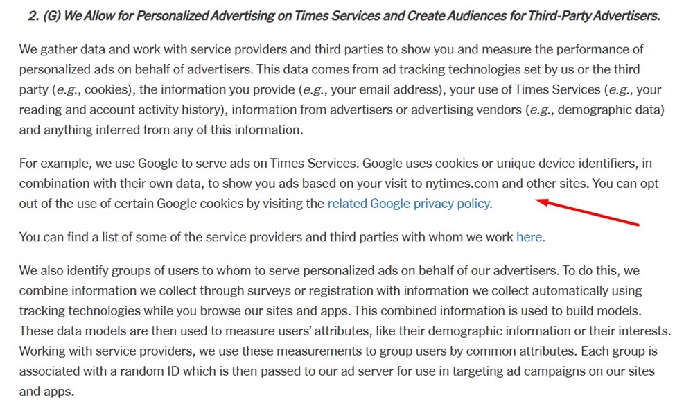 New York Times Privacy Policy: Personalized Ads clause