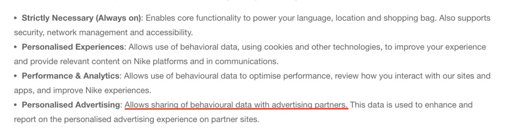 Nike Privacy Policy: Cookies clause excerpt