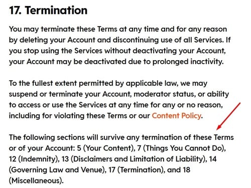 Reddit User Agreement: Termination clause