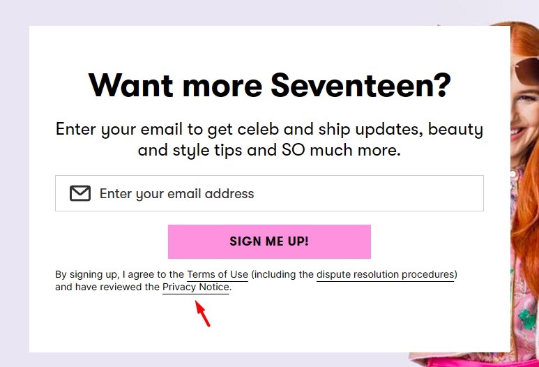 Seventeen email sign up form with Privacy Notice link highlighted