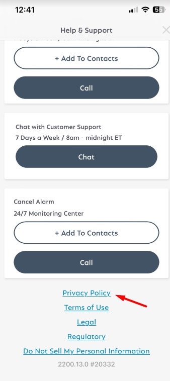 SimpliSafe app Help and Support menu with Privacy Policy link highlighted