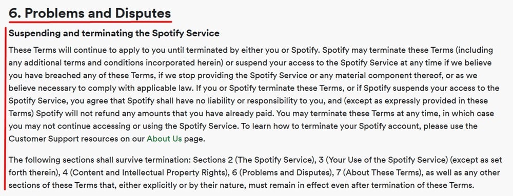 Spotify Terms of Use: Problems and Disputes clause