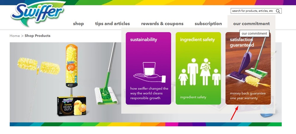 Swiffer website homepage with money back guarantee image highlighted