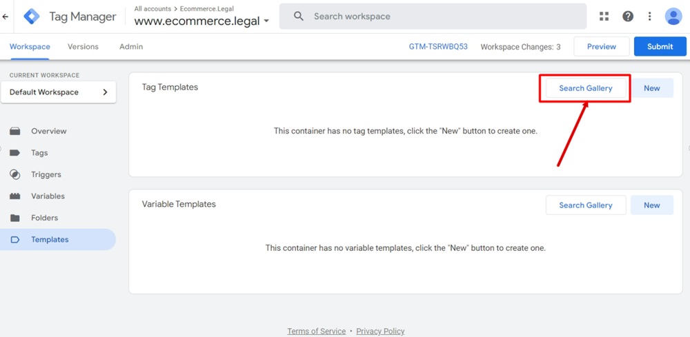 Tag Manager - Ecommerce Legal - Dashboard - Template - Search Gallery