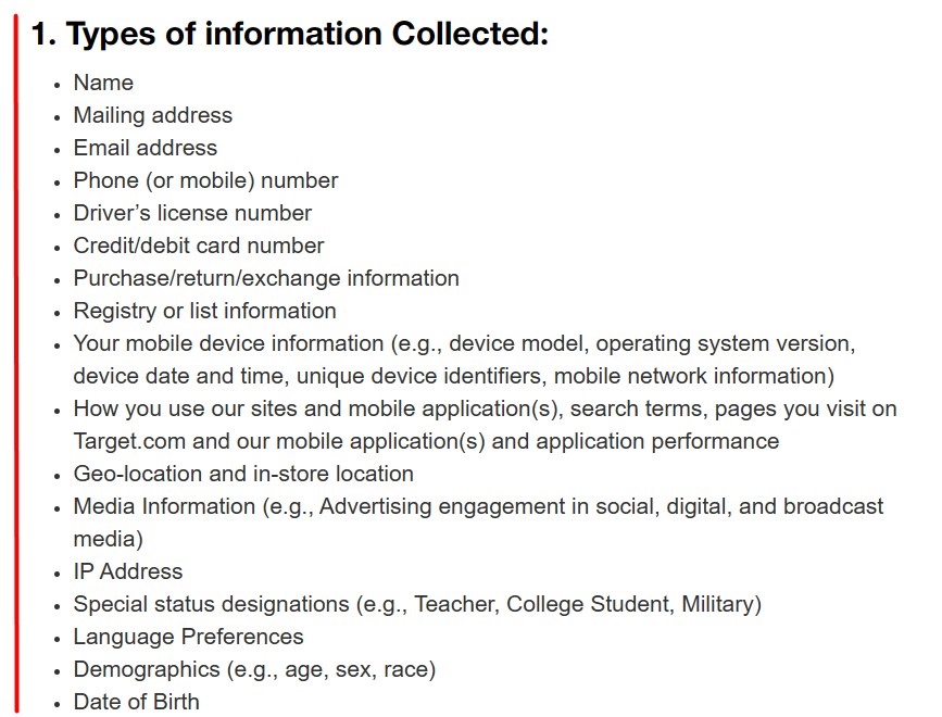 Target Privacy Policy: Information Collected clause