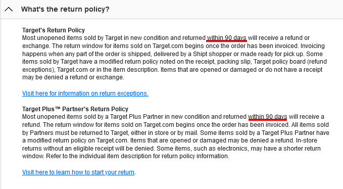 Target Return Policy 90 days highlighted