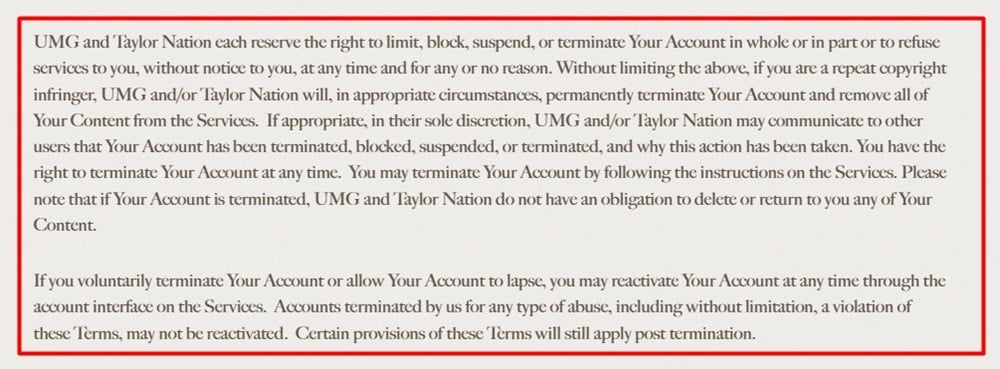 Taylor Swift Terms of Use: Termination clause