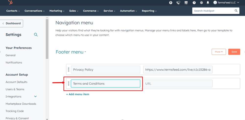 TermsFeed HubSpot - Advanced Menus - Navigation - Footer menu - Add menu item - Add URL Link - Terms and Conditions highlighted