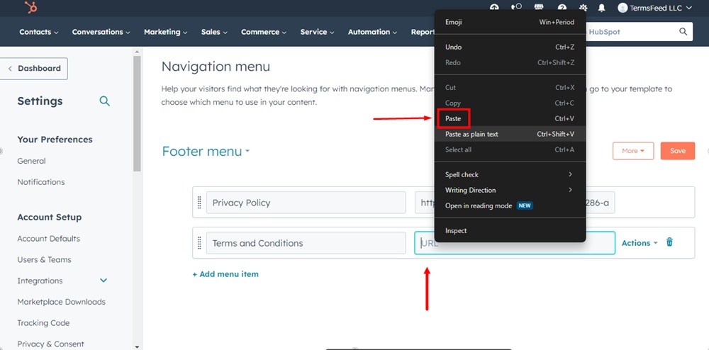 TermsFeed HubSpot - Advanced Menus - Navigation - Footer menu - Add menu item - Add URL Link - Terms and Conditions - Paste highlighted