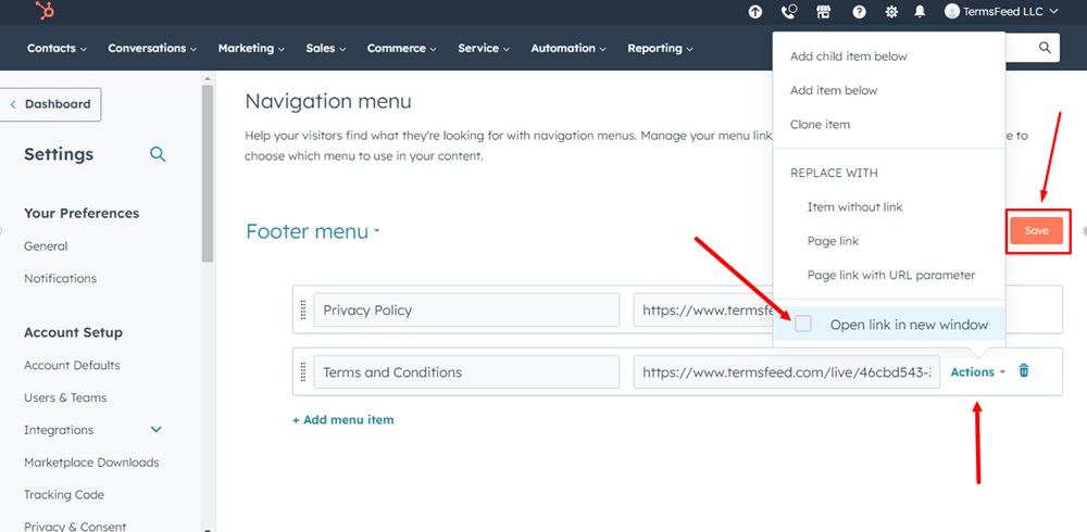 TermsFeed HubSpot - Advanced Menus - Footer menu - Add menu item - Terms and Conditions - Actions - URL Link - Pasted - Open new window - Save