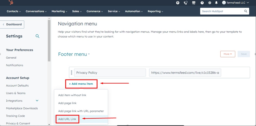 TermsFeed HubSpot - Advanced Menus - Navigation - Footer menu - Add menu item - Add URL Link highlighted