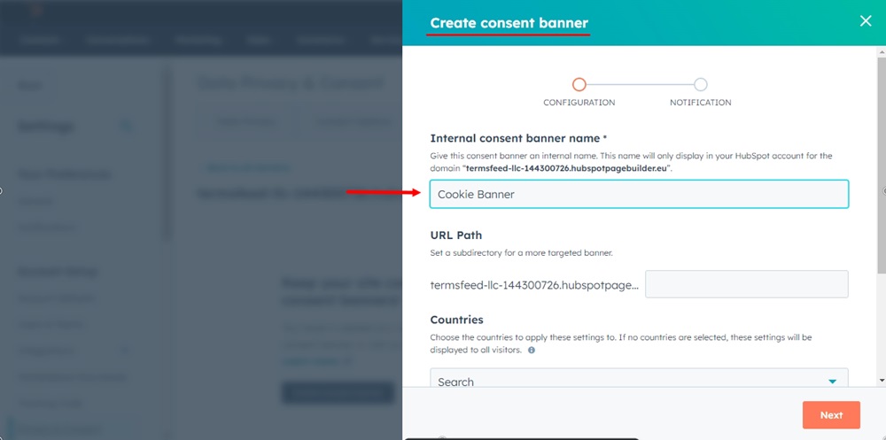 TermsFeed HubSpot - Create consent banners - Configuration step - Name internal consent banner highlighted