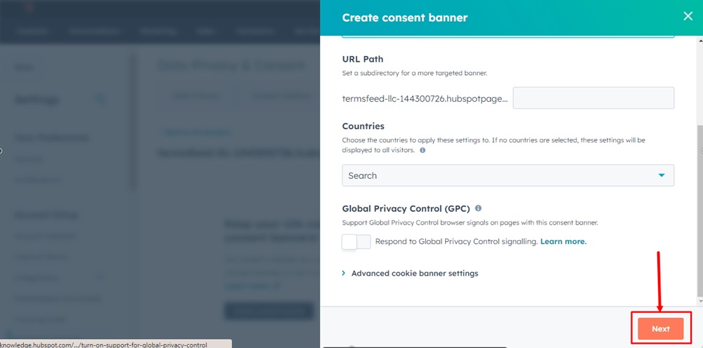 TermsFeed HubSpot - Create consent banners - Configuration steps - Next highlighted