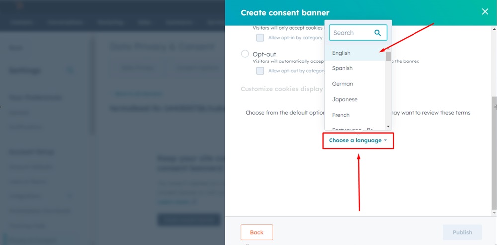 TermsFeed HubSpot - Create consent banners - Notification step - Choose a language highlighted